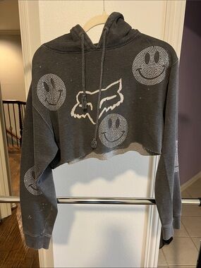 Custom Fox Charcoal Cropped Hoodie Sweatshirt Smiley Stud Details Iam Koko LA